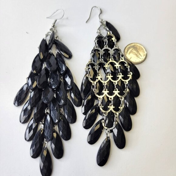 Black Glass Bead Long Earrings Chandelier Teardrop Diamond Shape Drop Earrings - Picture 4 of 7